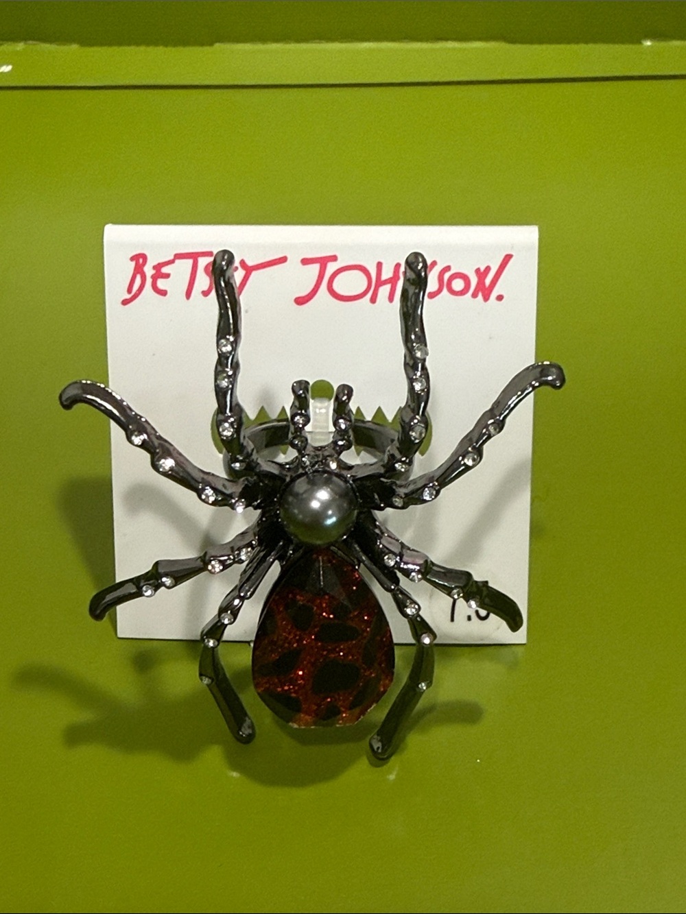 Betsey Johnson Black Spider Ring size 7.5 with Red Glitter Abdomen